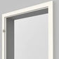 A close-up of a white door frame or doorway trim against a light gray background.
