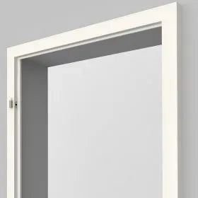 A close-up of a white door frame or doorway trim against a light gray background.