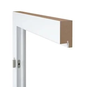 A close-up of a white-framed door or window section with a brown wood-look header or trim piece extending from the top, shown against a plain white background.