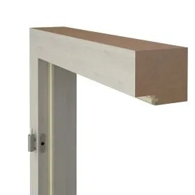 A close-up of a light-colored wooden door frame with a matching horizontal top rail and a small metal latch on the left side, shown against a plain white background.