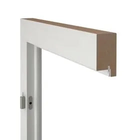 A close-up of a white and light brown wooden door frame or trim piece against a plain white background.