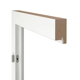 A close-up of a white-framed door or window header with a light brown wood trim piece, shown against a plain white background.