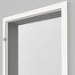 A white door frame shown from the side against a light gray background, with a small metal latch visible on the left edge.