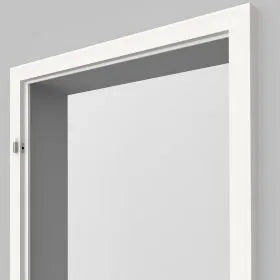 A white door frame shown from the side against a light gray background, with a small metal latch visible on the left edge.