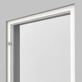 White door with a silver frame on a gray background