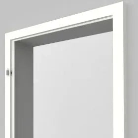 A white interior door frame shown from the side against a light gray background.