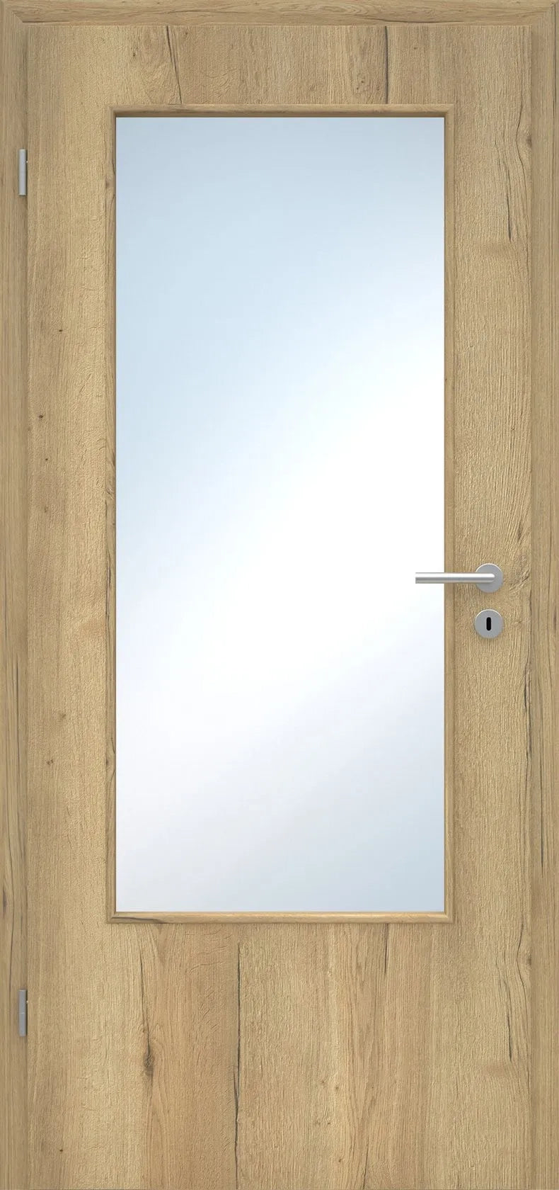 Wooden door with a glass panel and handle