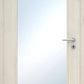 Wooden door with a glass panel and handle on a light wood background