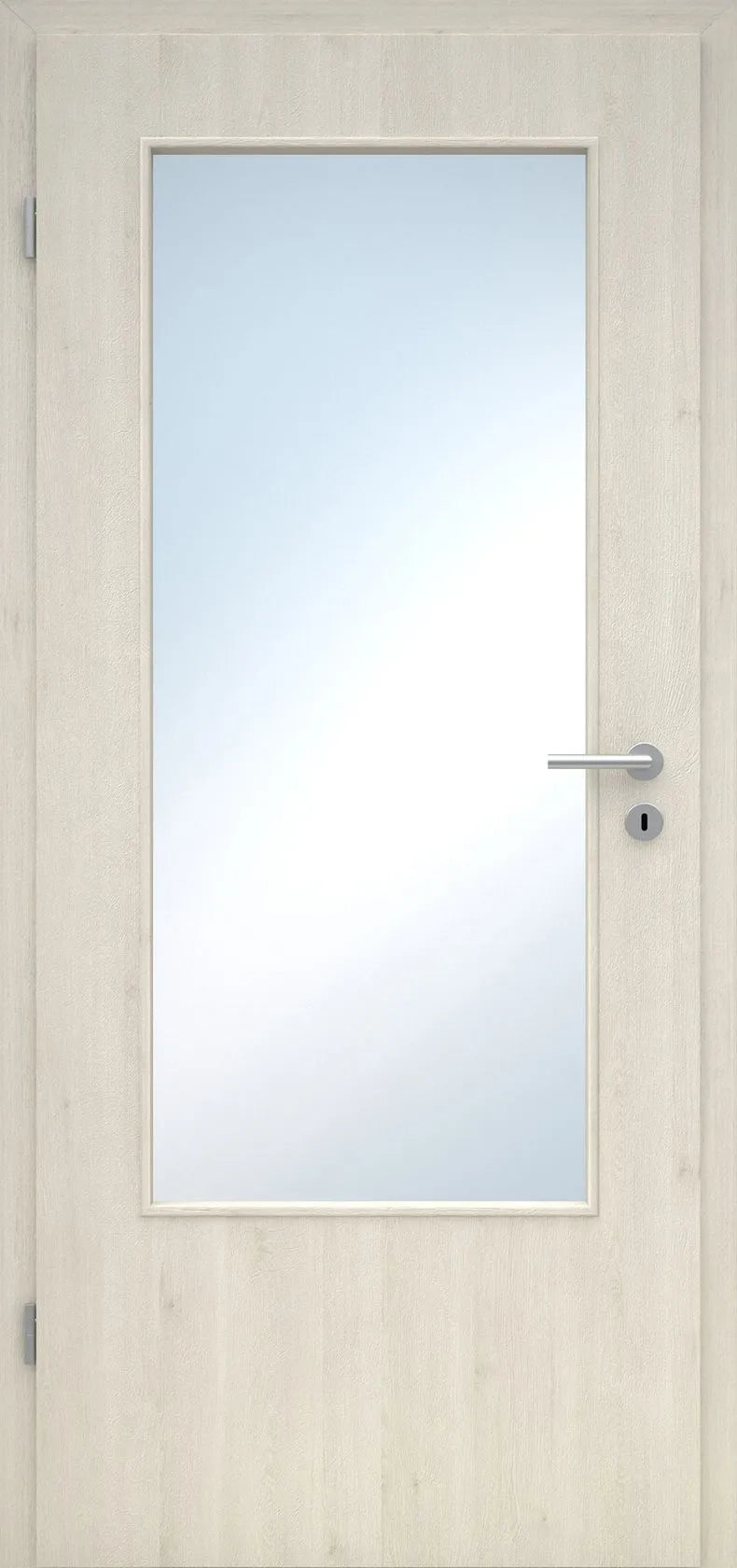 Wooden door with a glass panel and handle on a light wood background