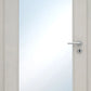 White door with a glass panel and silver handle on a white background
