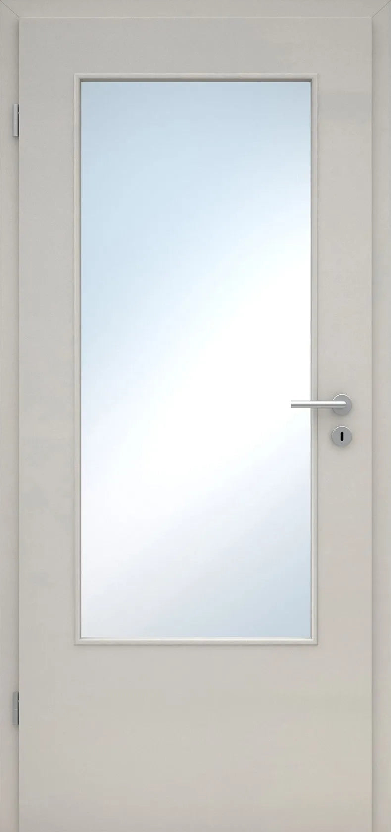 White door with a glass panel and silver handle on a white background