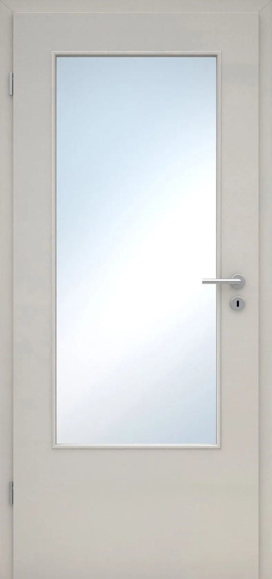 White door with a glass panel and silver handle on a white background