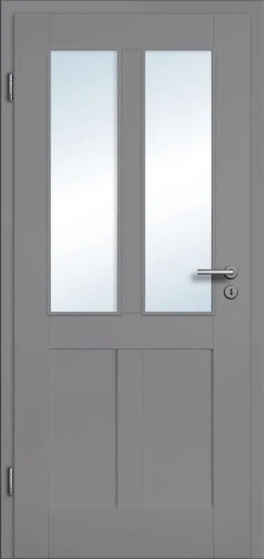 Gray door with glass panels and a handle