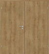A pair of light brown wood grain double doors with a silver metal lever handle and keyhole lock in the center.