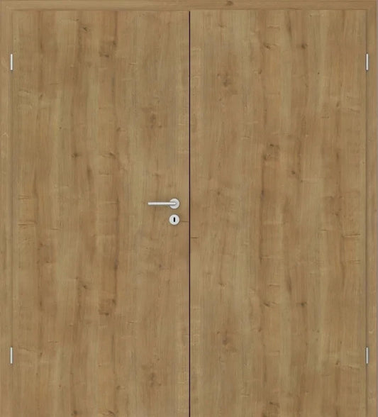 A pair of light brown wood grain double doors with a silver metal lever handle and keyhole lock in the center.