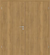 Double wooden door with a light oak wood grain finish, featuring a silver metal lever handle and lock on the left door panel.