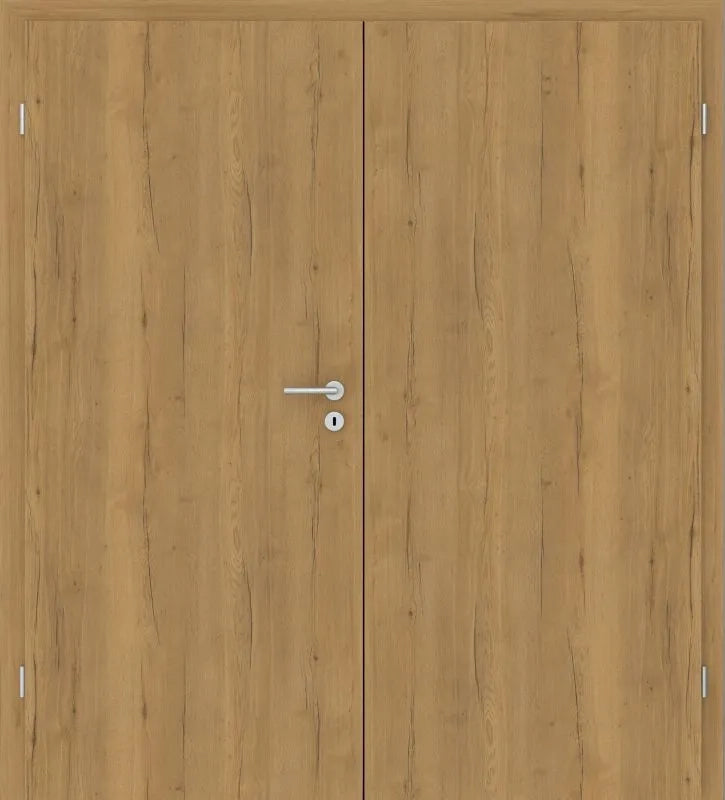 Double wooden door with a light oak wood grain finish, featuring a silver metal lever handle and lock on the left door panel.