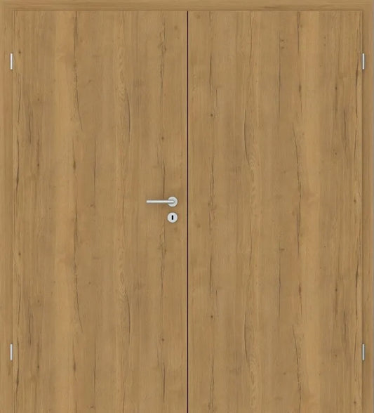 Double wooden door with a light oak wood grain finish, featuring a silver metal lever handle and lock on the left door panel.