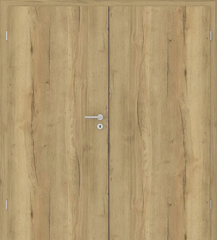 Double wooden door with a light oak wood grain finish, featuring a silver metal lever handle and lock on the center of the right panel.
