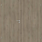Double wooden door panel set with a light oak wood grain finish and a silver metal lever handle with a keyhole lock.