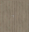 Double wooden door panel set with a light oak wood grain finish and a silver metal lever handle with a keyhole lock.