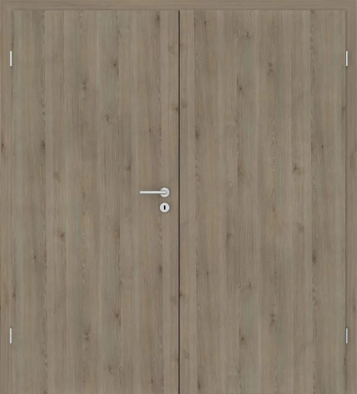 Double wooden door panel set with a light oak wood grain finish and a silver metal lever handle with a keyhole lock.