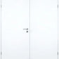 A pair of modern white double doors with a slim silver metal lever handle and keyhole on the left door, shown against a plain white background.