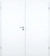 A pair of modern white double doors with a slim silver metal lever handle and keyhole on the left door, shown against a plain white background.