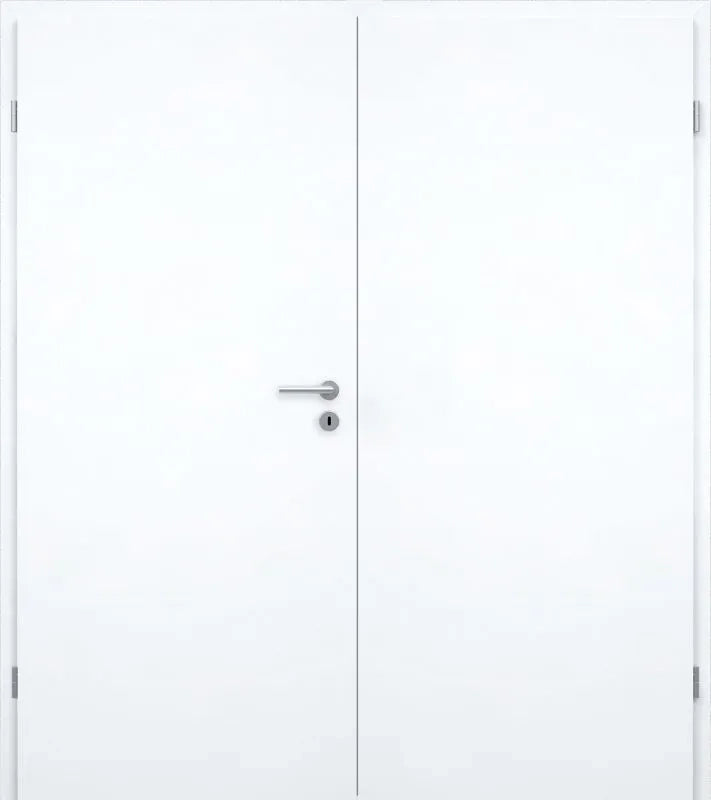 A pair of modern white double doors with a slim silver metal lever handle and keyhole on the left door, shown against a plain white background.