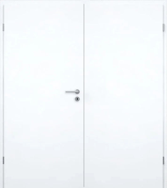 A pair of modern white double doors with a slim silver metal lever handle and keyhole on the left door, shown against a plain white background.