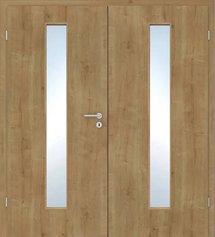 Wooden door with glass panels and a handle