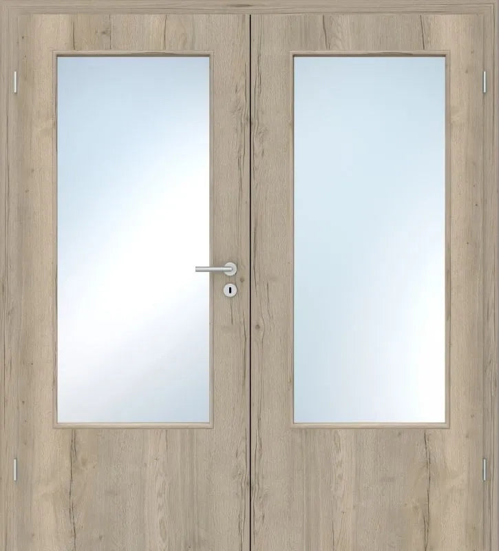 Wooden door with glass panels and a handle