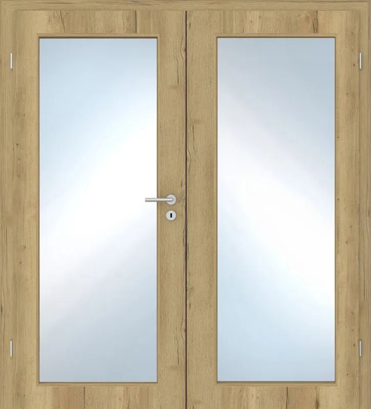 Double wooden doors with frosted rectangular glass panels and a silver metal handle on the left door.