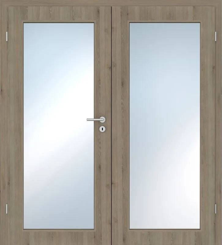 Double door interior door with light oak wood grain finish and two large frosted glass panels, featuring a silver metal lever handle and lockset.