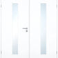 A pair of modern white double doors with vertical frosted glass panels and a silver lever handle on the left door.