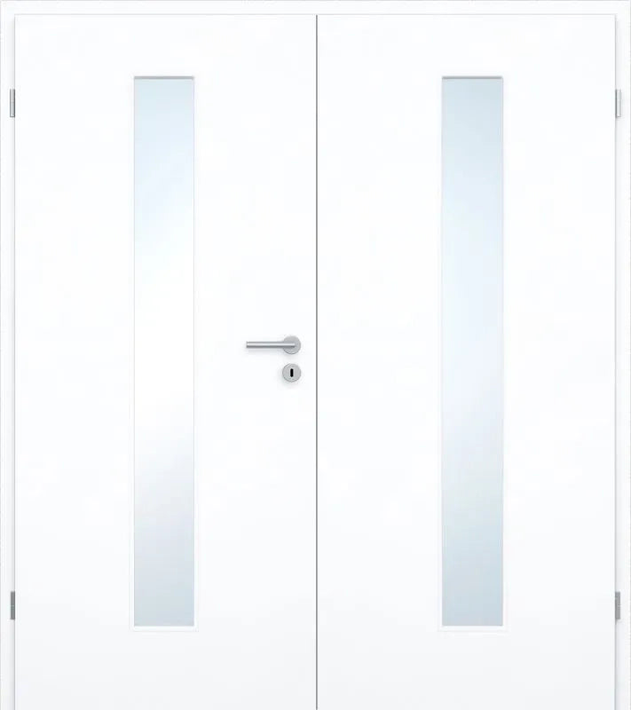 A pair of modern white double doors with vertical frosted glass panels and a silver lever handle on the left door.