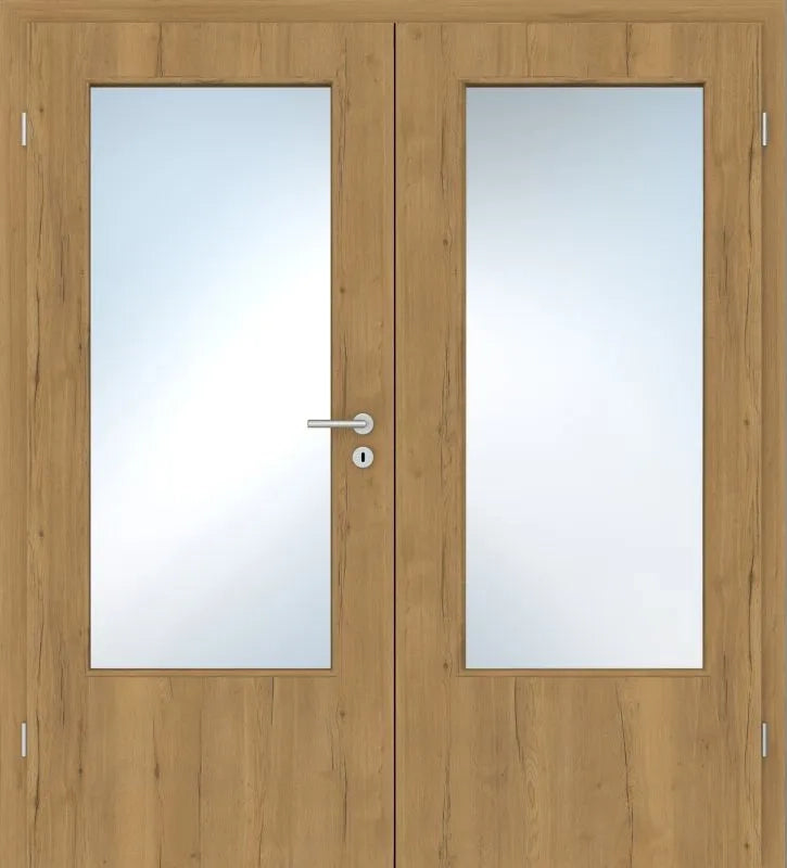 A pair of double interior doors with light oak wood grain and rectangular frosted glass panels, featuring a silver metal lever handle and lock on the left door.