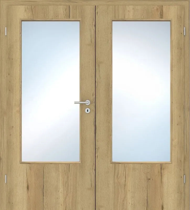 A pair of light oak double doors with large rectangular frosted glass panels and a silver metal handle on the left door.