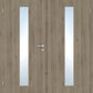 Double wooden doors with a light oak finish and two vertical frosted glass panels, featuring a silver metal lever handle and lock.