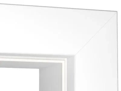 Close-up detail of a white rectangular frame corner, showing the outer frame surface and inner beveled edge against a white background.