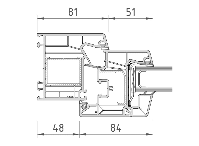 A black and white technical cross-section diagram of a window or door frame profile, showing dimension measurements labeled 81, 51, 48, and 84.