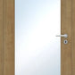 Wooden door with glass panel and handle on a white background
