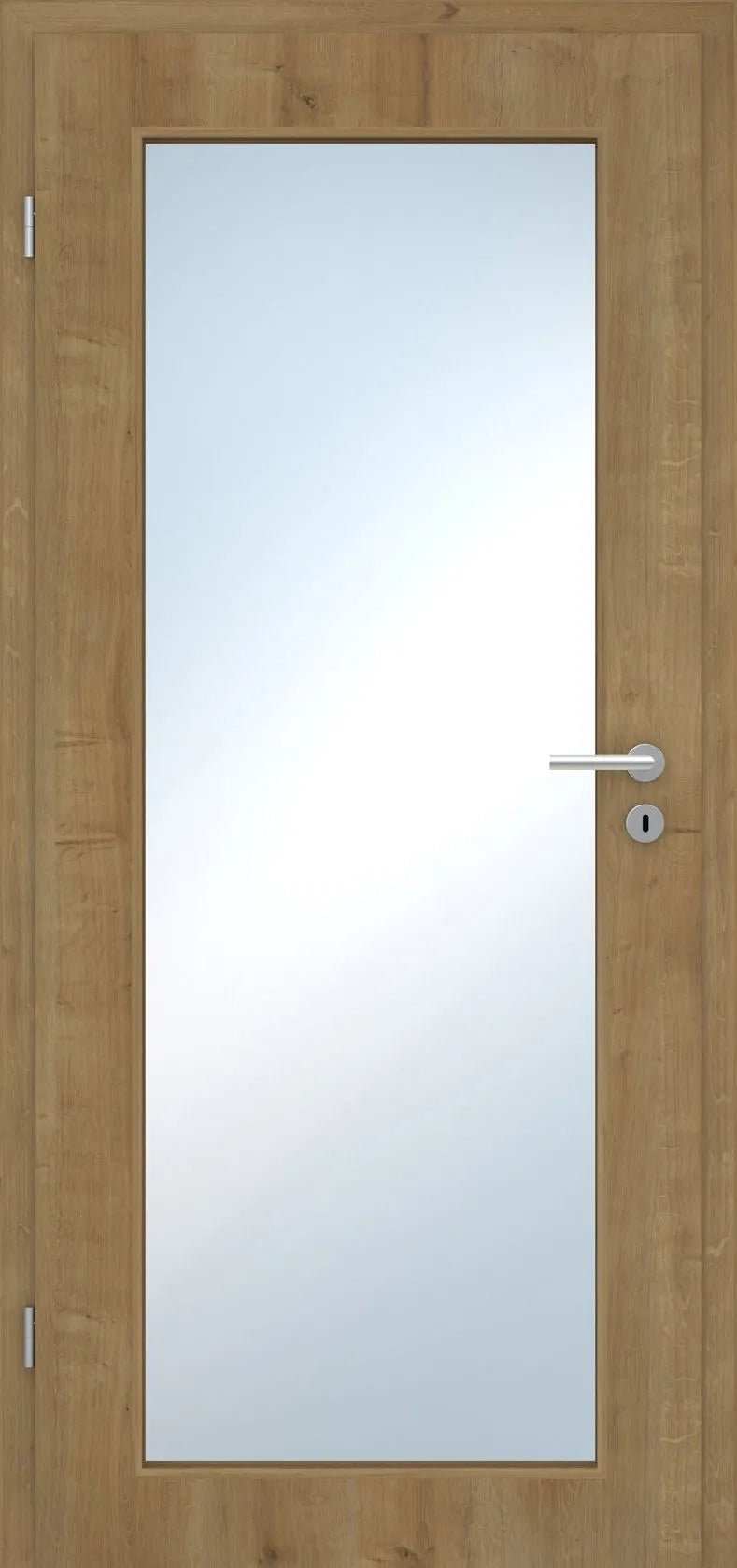 Wooden door with glass panel and handle on a white background