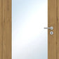 Wooden door with glass panel and handle on a white background