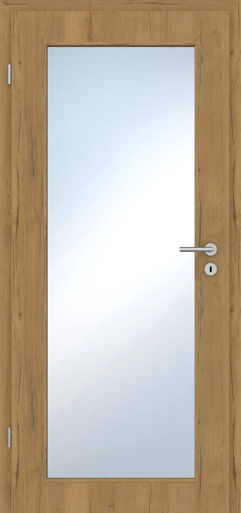 Wooden door with glass panel and handle on a white background