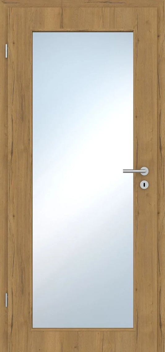 Wooden door with glass panel and handle on a white background