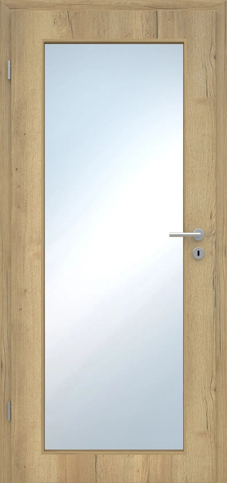 Wooden door with glass panel and handle
