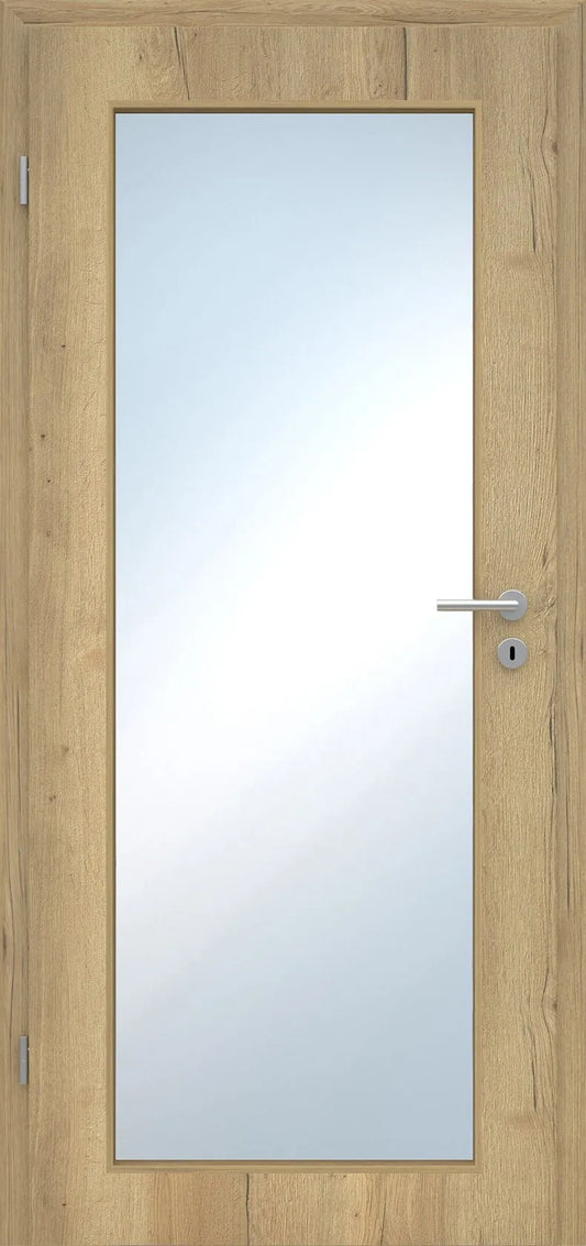 Wooden door with glass panel and handle