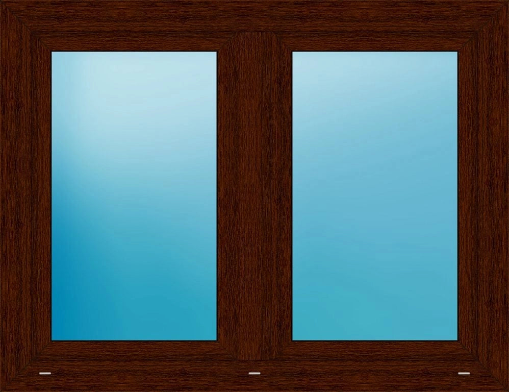A two-pane window frame in dark brown wood with light blue-tinted glass panes, shown against a white background.
