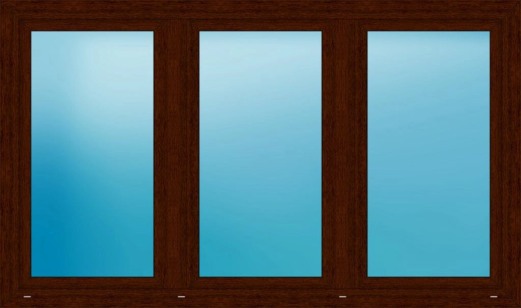 A three-pane window frame in dark brown wood with light blue frosted glass panels.